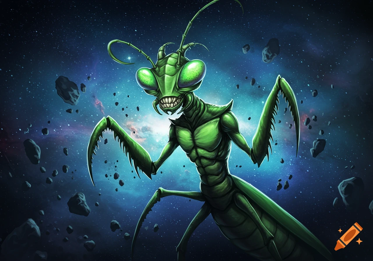 A vibrant green cartoon praying mantis alien with large eyes and a menacing grin floats in outer space among asteroids and stars.