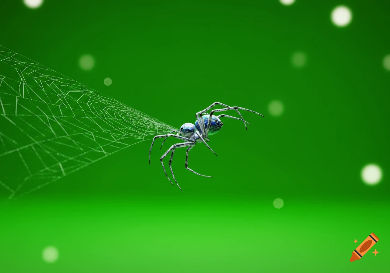 A detailed, metallic-looking spider sits on a delicate web against a vibrant green background with soft, white bokeh lights.