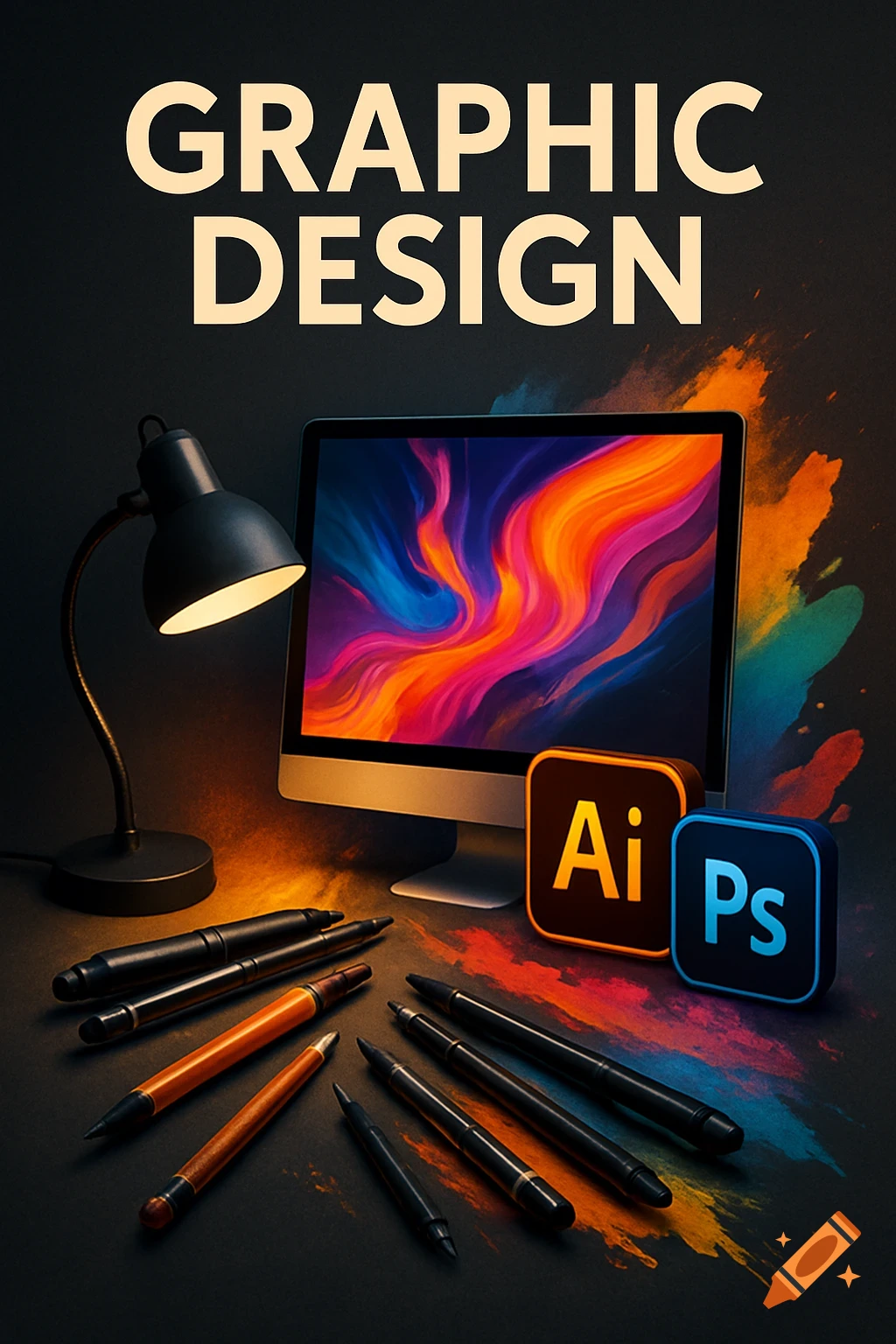 A graphic design poster with a monitor showing colorful art, a desk lamp, pens, and Adobe Ai and Ps icons on a dark background.