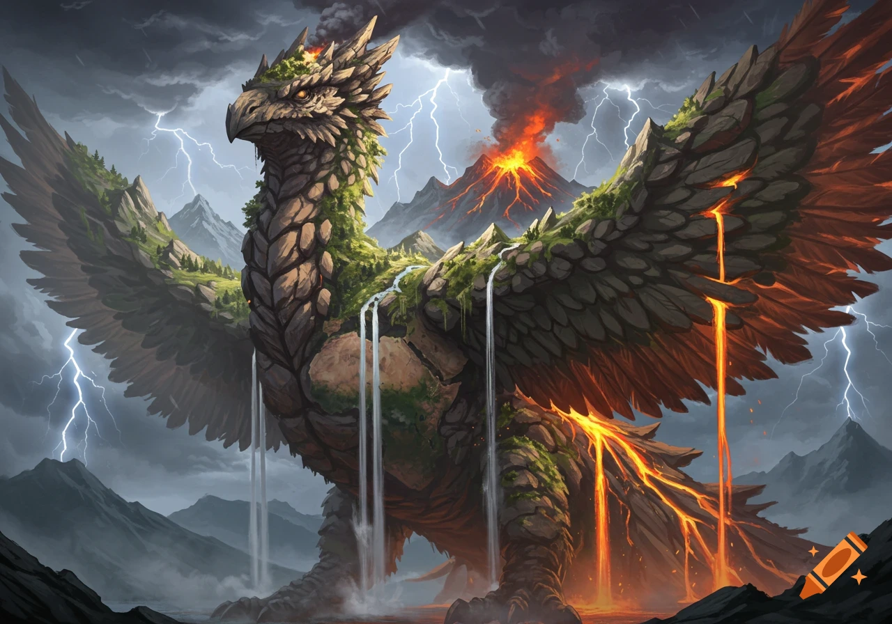 Giant bird-like creature made of rock, trees, and mountains with waterfalls and lava, stormy sky, lightning, erupting volcano.