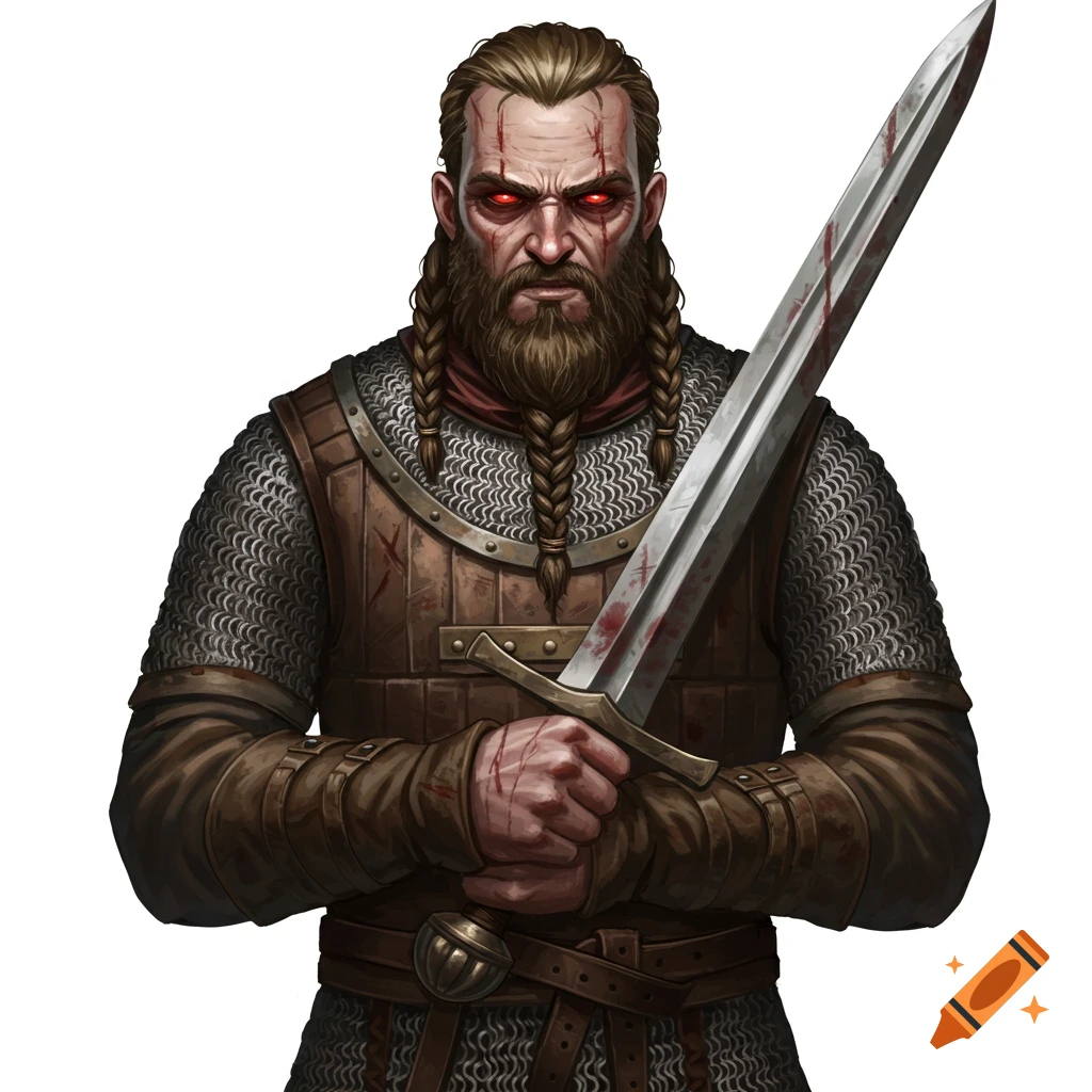 A fierce Anglo-Saxon warrior with glowing red eyes, braided beard, scars, and a blood-stained sword, digital art.