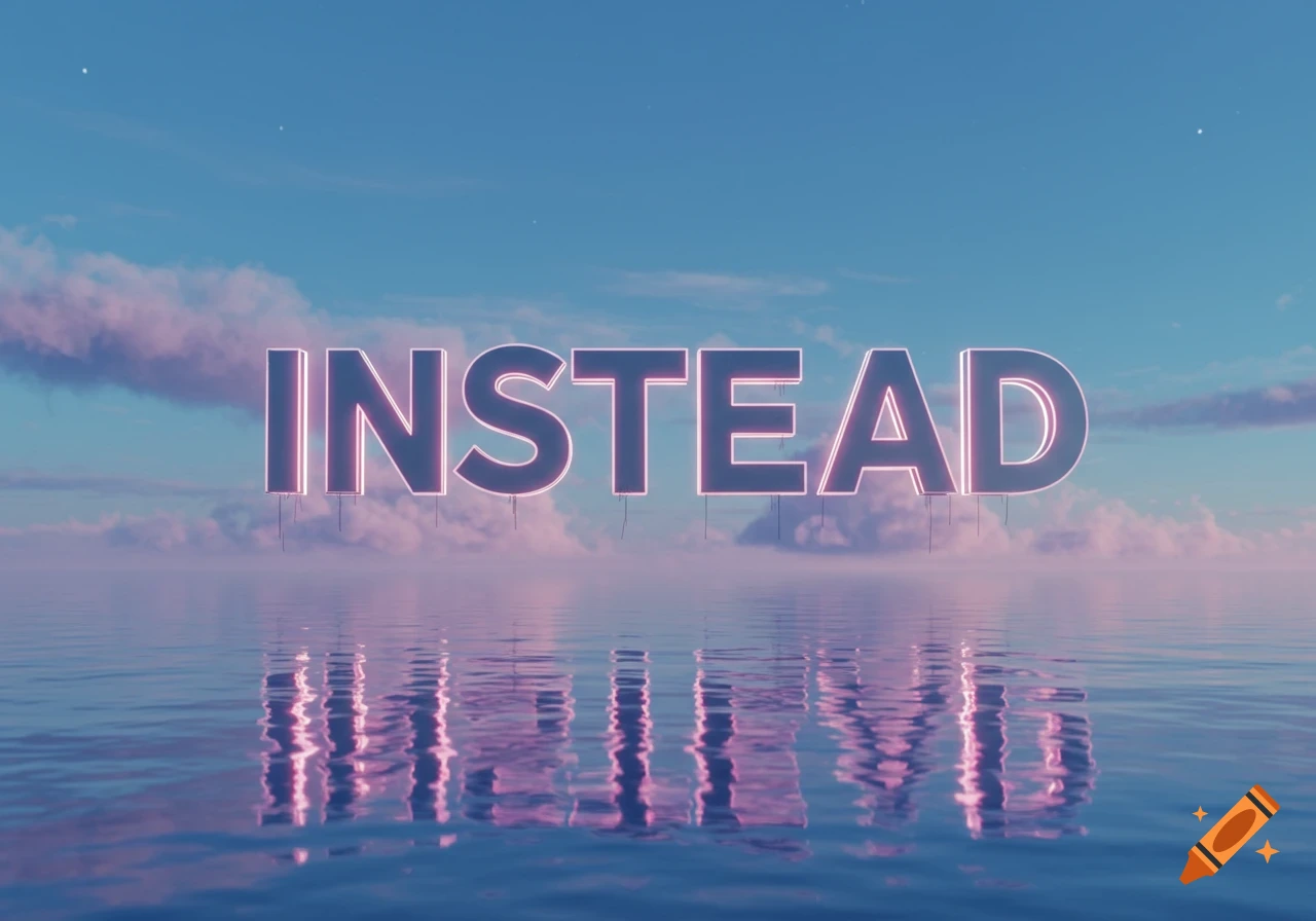 The word 'INSTEAD' in large, glowing letters floats above calm, reflective water under a pastel blue and pink sky with clouds.