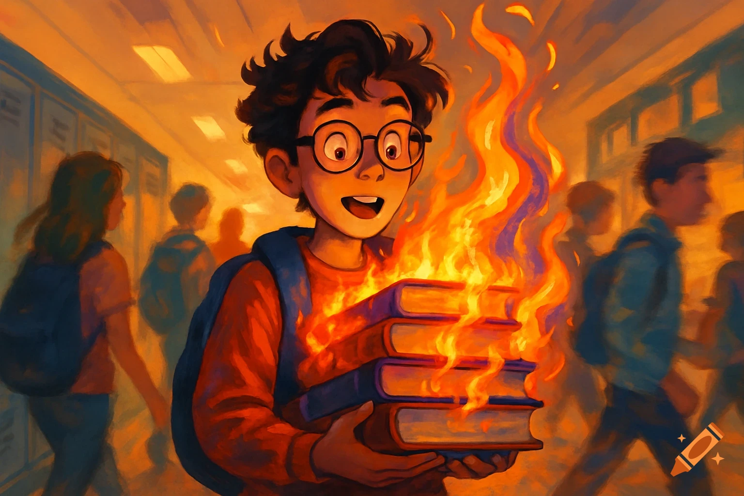 A cartoon boy with glasses in a school hallway holds a stack of books magically on fire, with blurry students in the background.