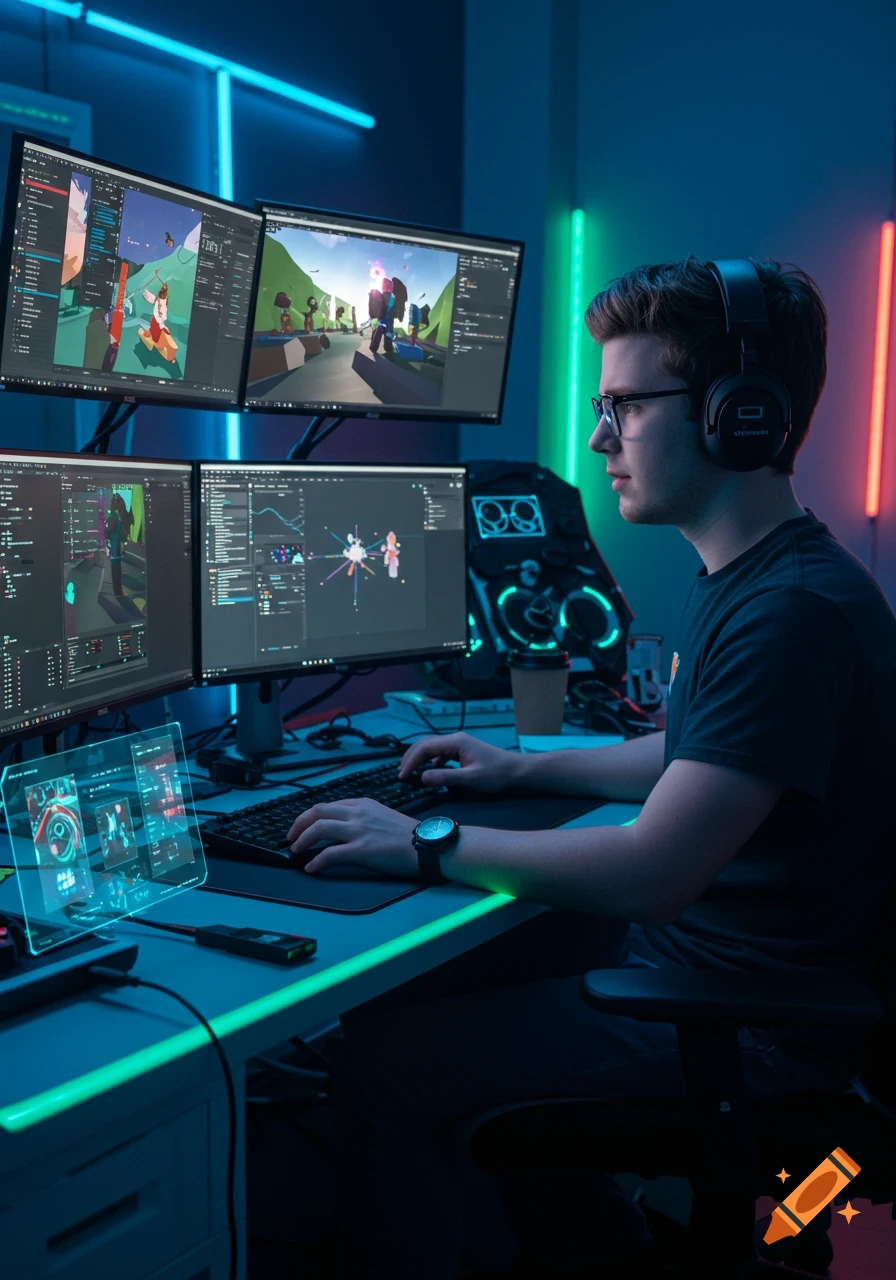 A young man with headphones intensely works on multiple computer monitors displaying game development software in a neon-lit room.
