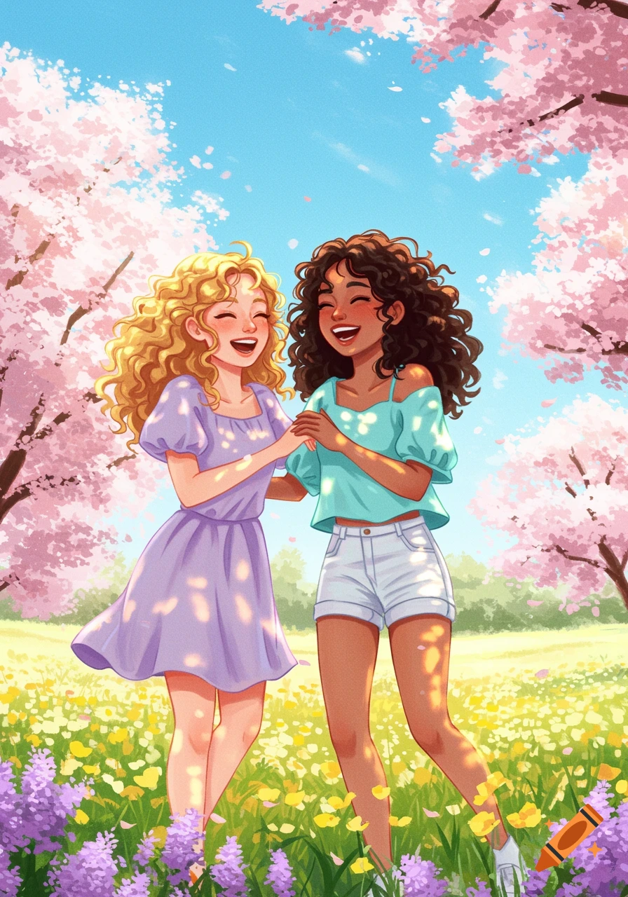 Two smiling, curly-haired girls in a vibrant flower field under cherry blossom trees, cartoon style.