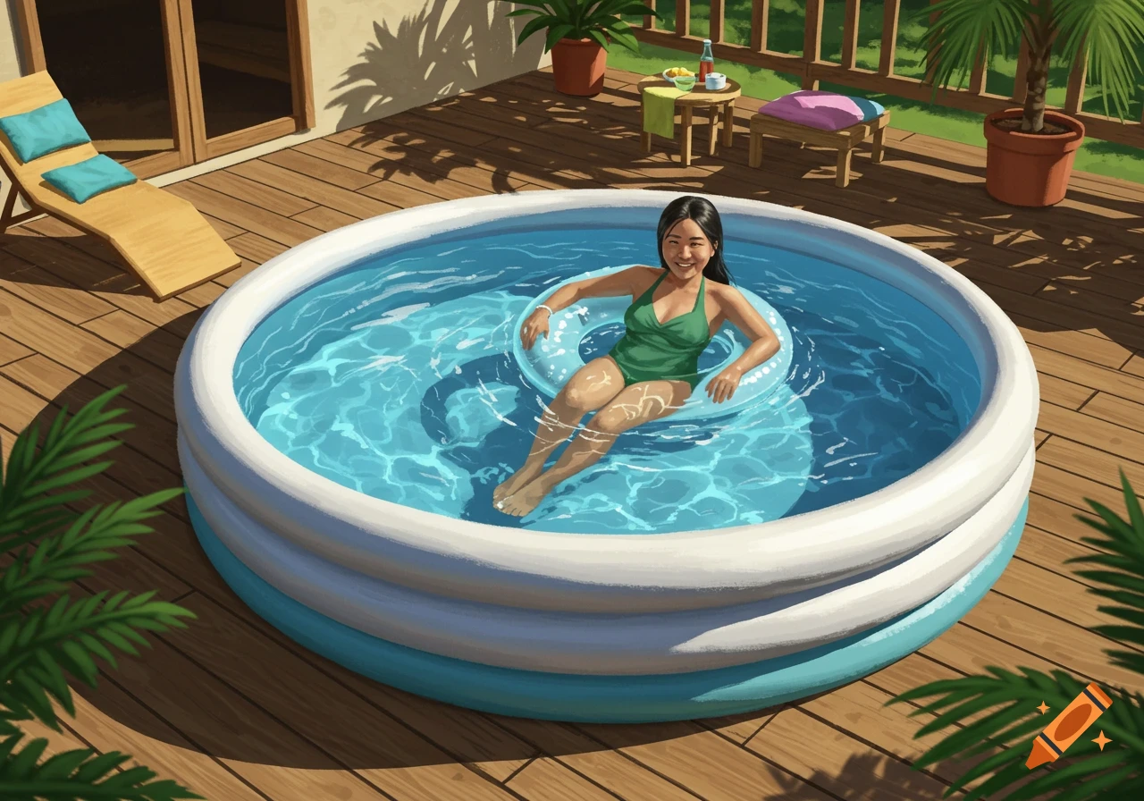 Cartoon illustration of a smiling Asian woman relaxing in a blue inflatable pool on a wooden deck, bathed in sunlight.
