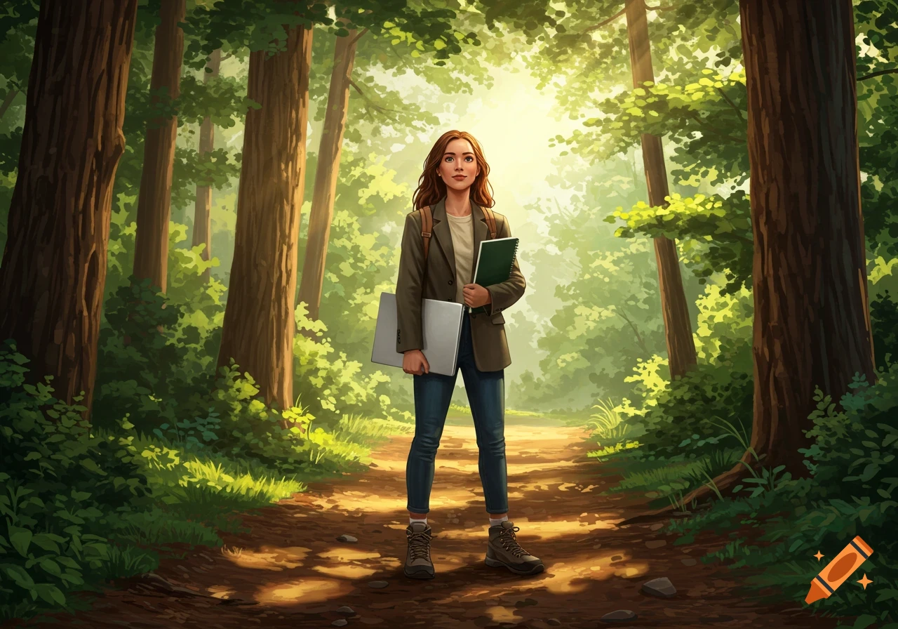 Illustrated young woman standing confidently on a sunlit forest trail, holding a laptop and notebook, wearing a blazer and hiking boots.