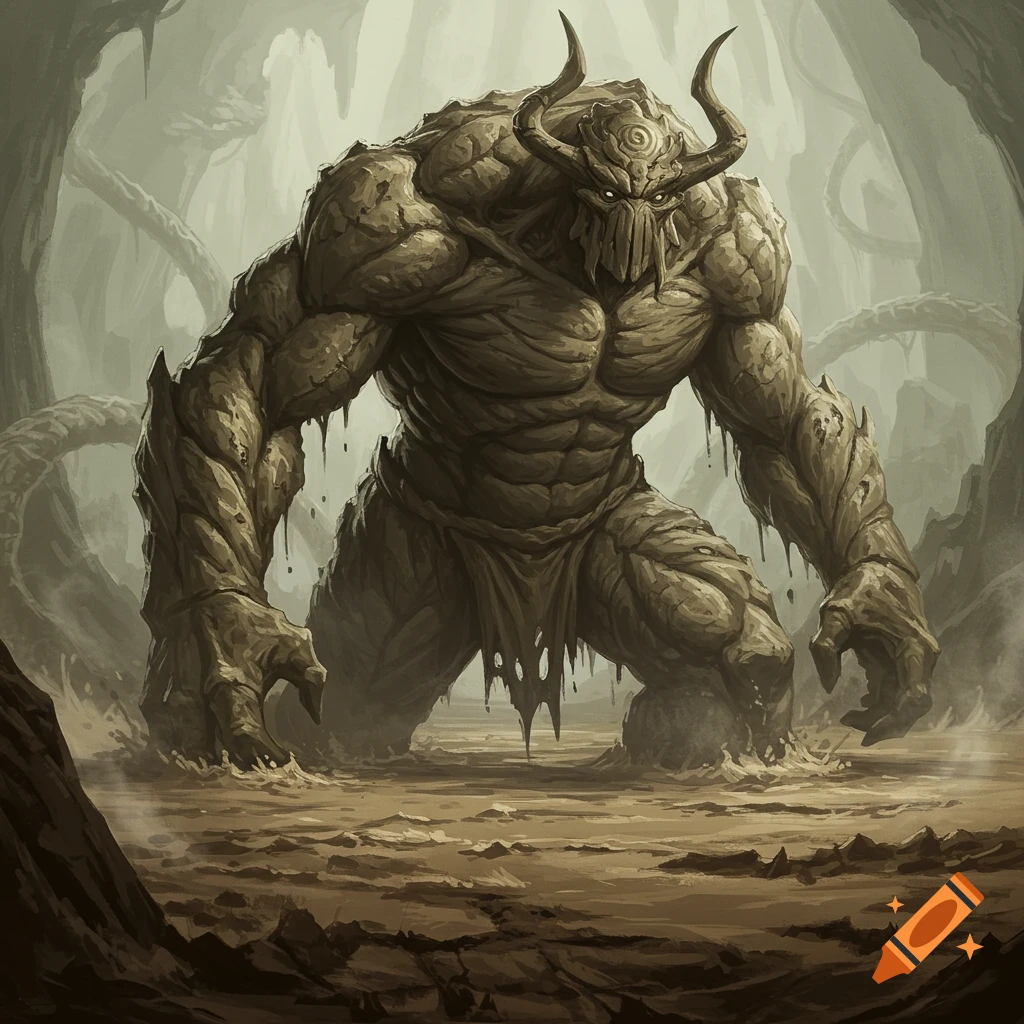 A massive, horned mud-clad monster with rippling muscles stands in a murky swamp, shrouded in a dark, atmospheric environment.