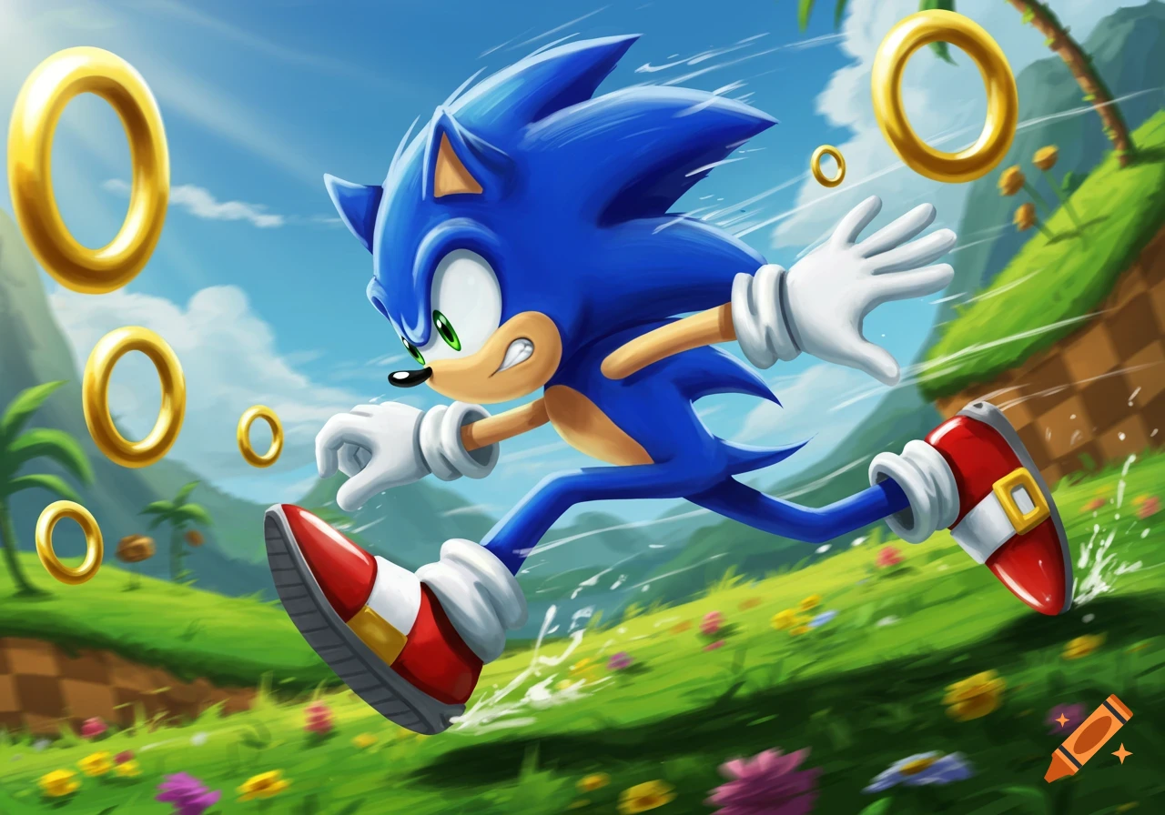 Sonic the Hedgehog speeds through a vibrant green landscape with golden rings floating around him, against a blue sky.