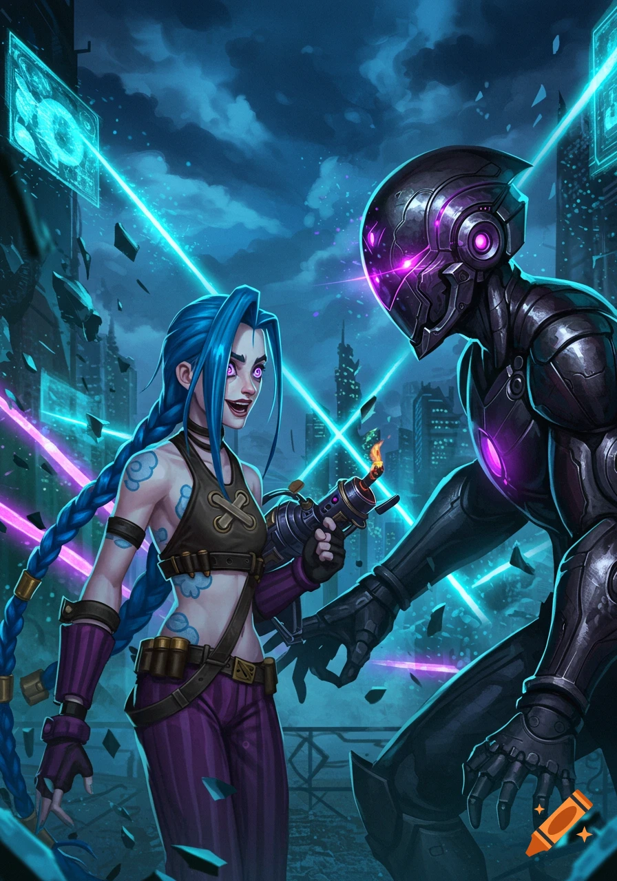 Jinx with blue braids and a weapon confronts a dark, armored robot with glowing purple eyes in a neon-lit futuristic city.