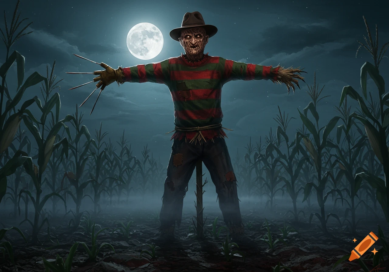 A terrifying Freddy Krueger scarecrow stands in a moonlit cornfield at night, with glowing eyes and razor claws.