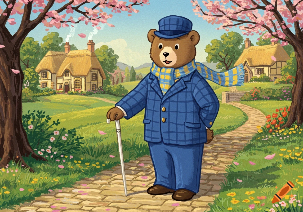 A friendly cartoon bear in a blue plaid suit and scarf holds a cane, walking on a cobbled path through a spring landscape with cottages.
