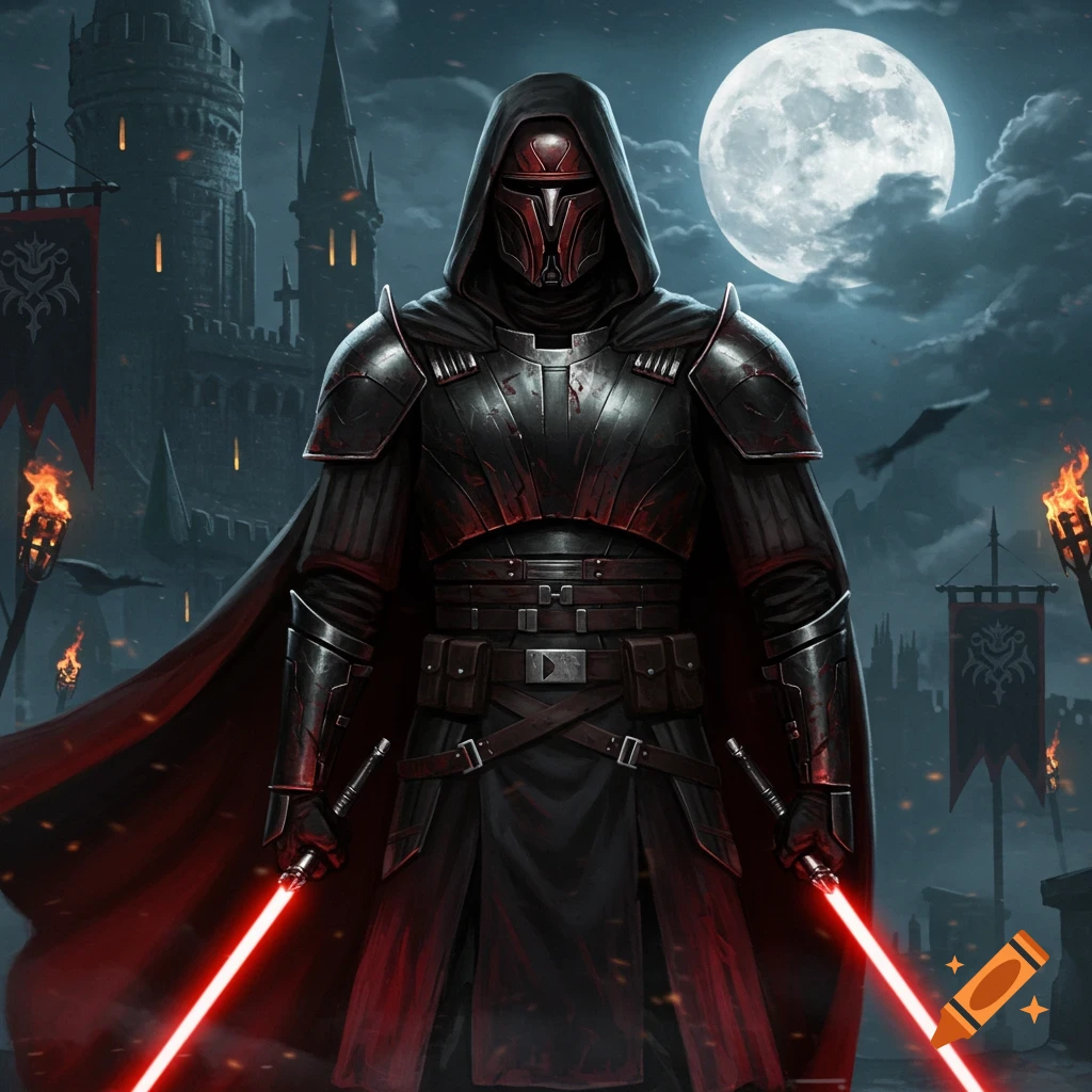 A masked warrior in dark medieval armor with a cape holds two red lightsabers in front of a gothic castle under a full moon.