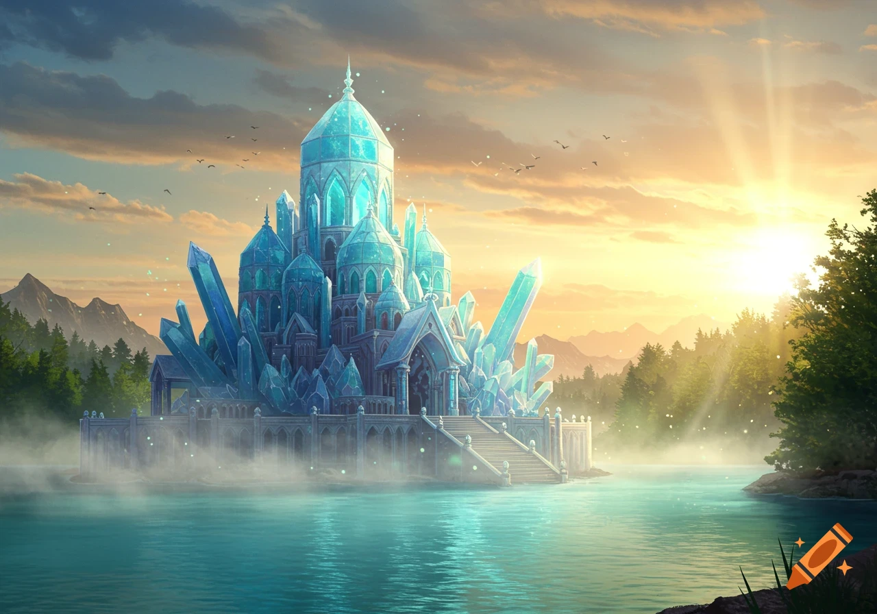A majestic, glowing crystal castle stands on a misty lake at sunrise, surrounded by forests and mountains.