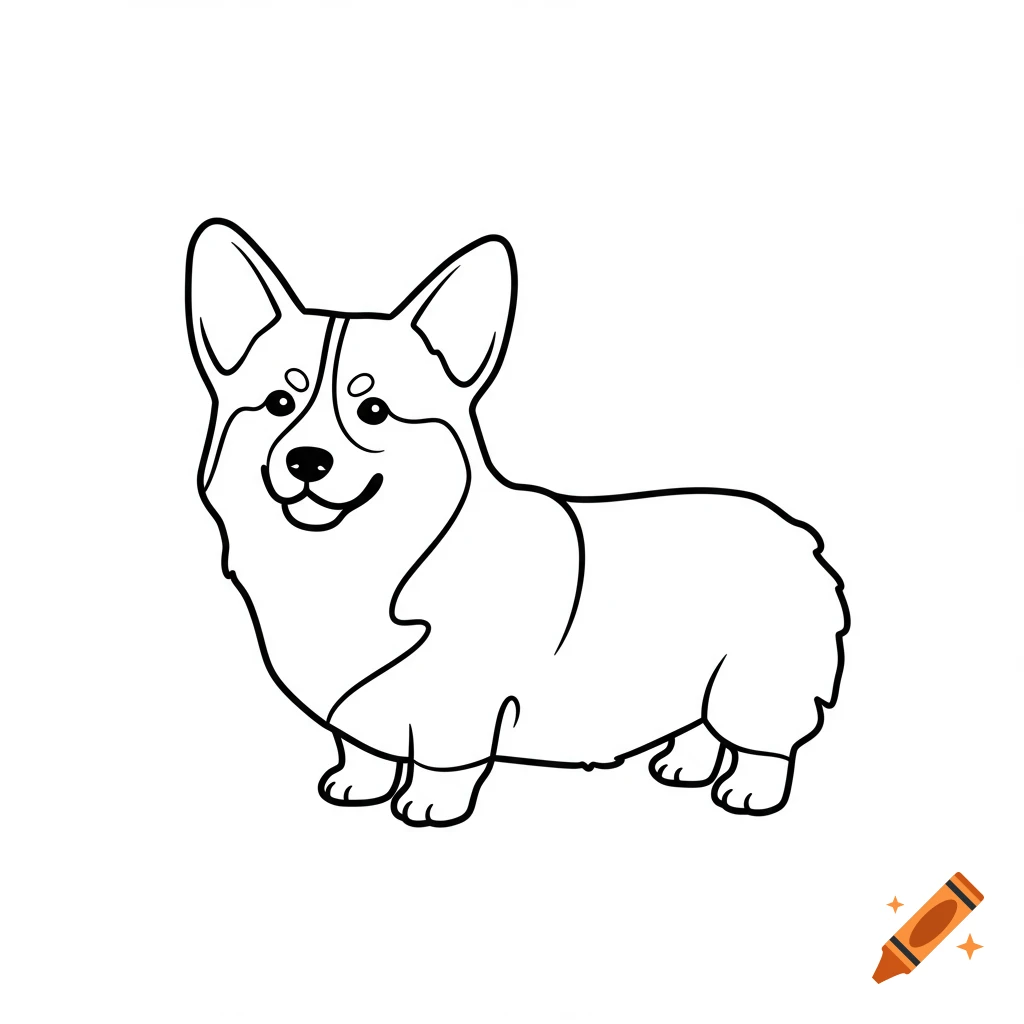 Minimalist black outline drawing of a smiling corgi dog on a white background in vector style.