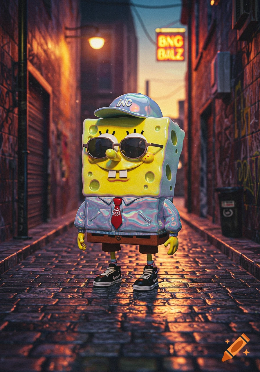 Stylized Spongebob Squarepants in a hat, sunglasses, and iridescent jacket in a dimly lit urban alley with graffiti and neon signs. 3D art.