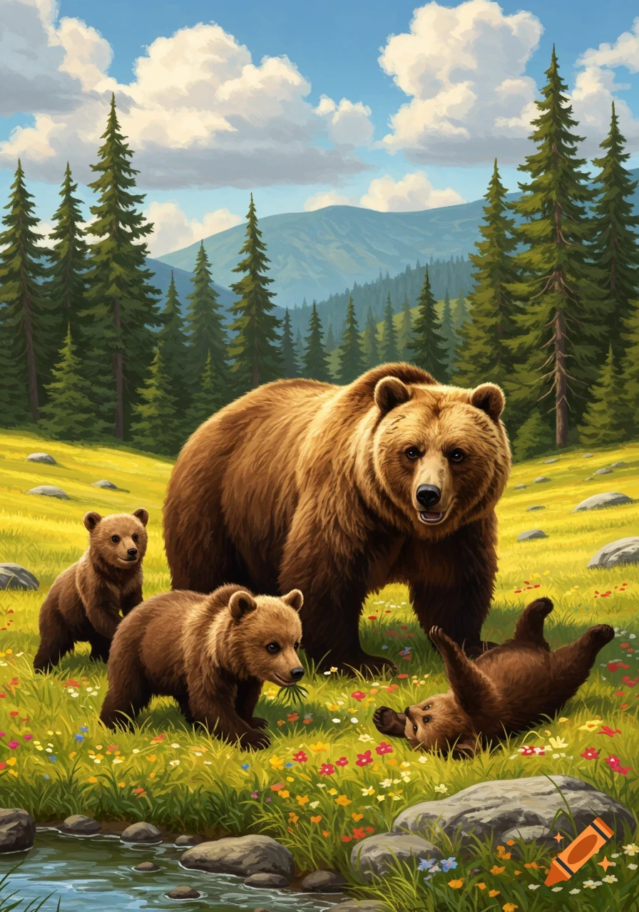 A mother bear and three cubs in a vibrant green meadow with wildflowers, a stream, pine trees, and mountains under a blue sky.