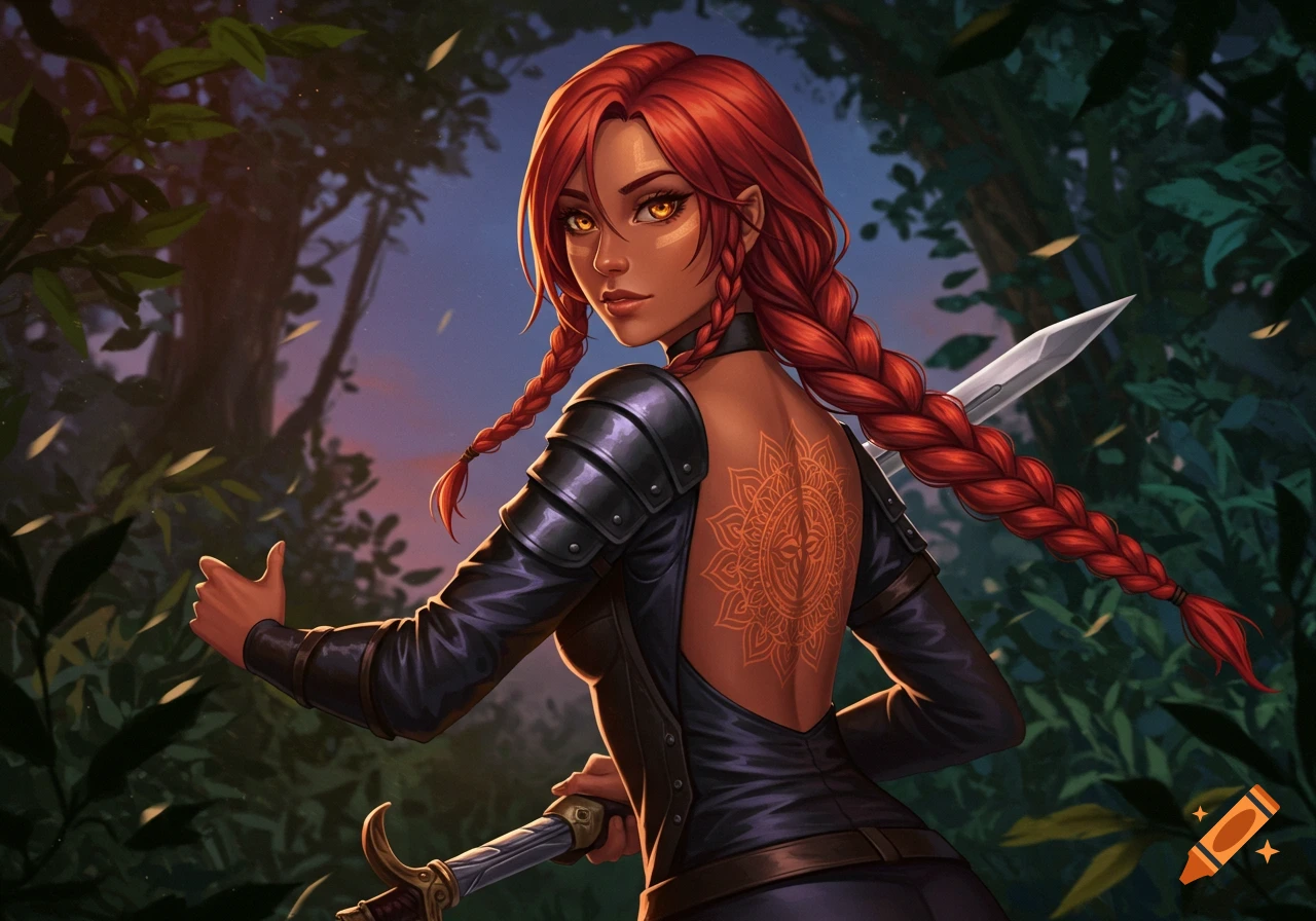 Anime adventurer with red braided hair, tan skin, and a mandala back tattoo, wearing black armor, holding a sword, giving a thumbs-up.