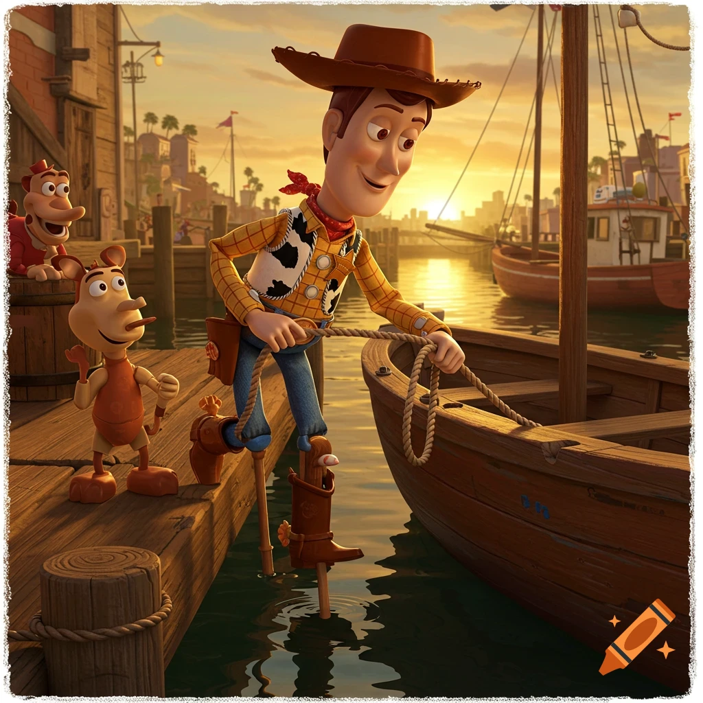 Woody from Toy Story on wooden stilts, tying a boat at a dock during sunset, with two small cartoon characters watching.