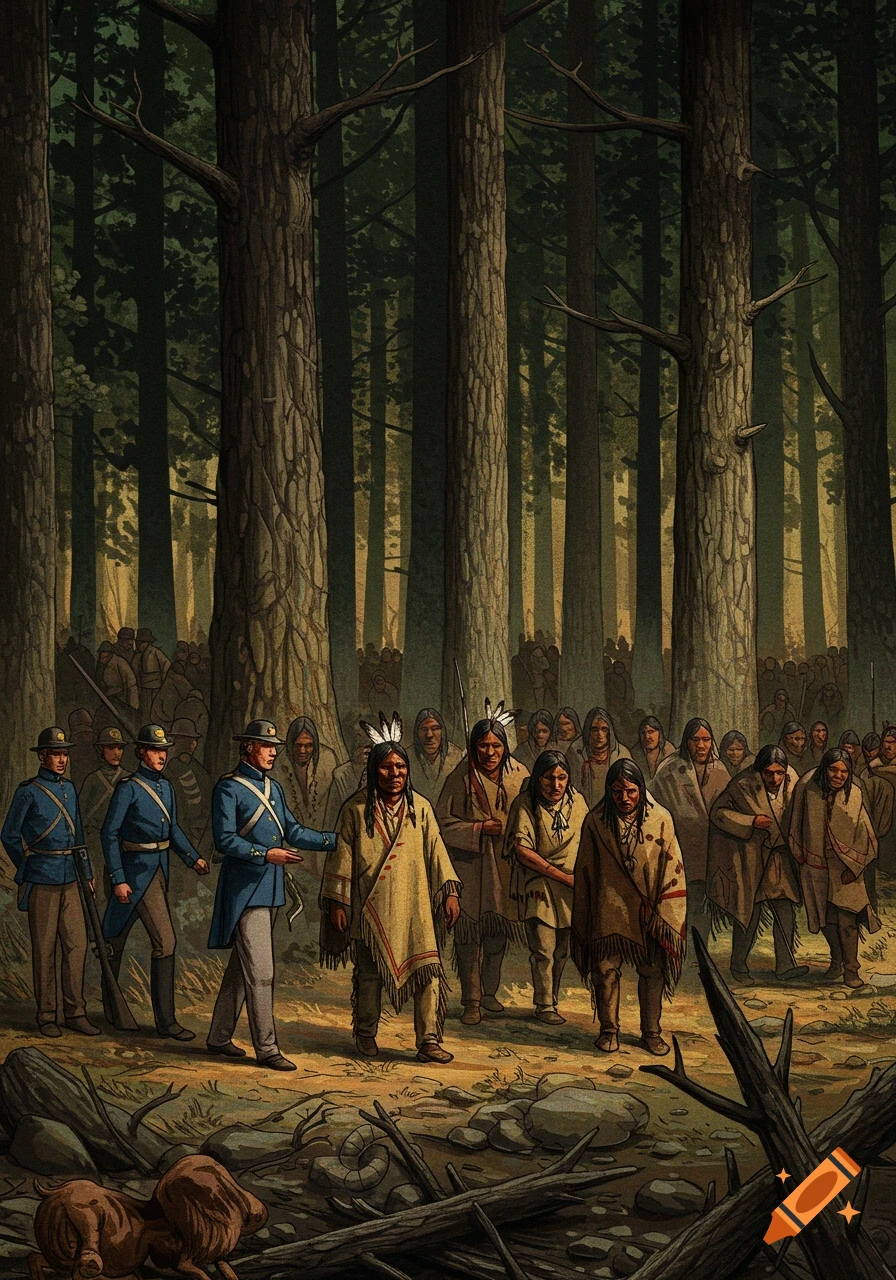 Illustration of Native Americans led through a forest by American soldiers in blue uniforms, in a political cartoon style.
