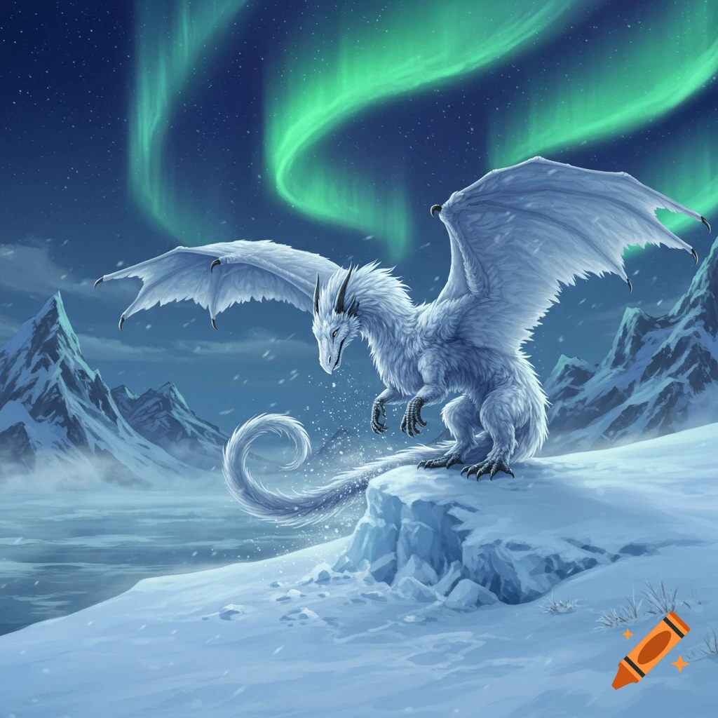 A white, fluffy dragon with large wings lands on a snowy mountain cliff under a green aurora borealis in a cold, dark night.