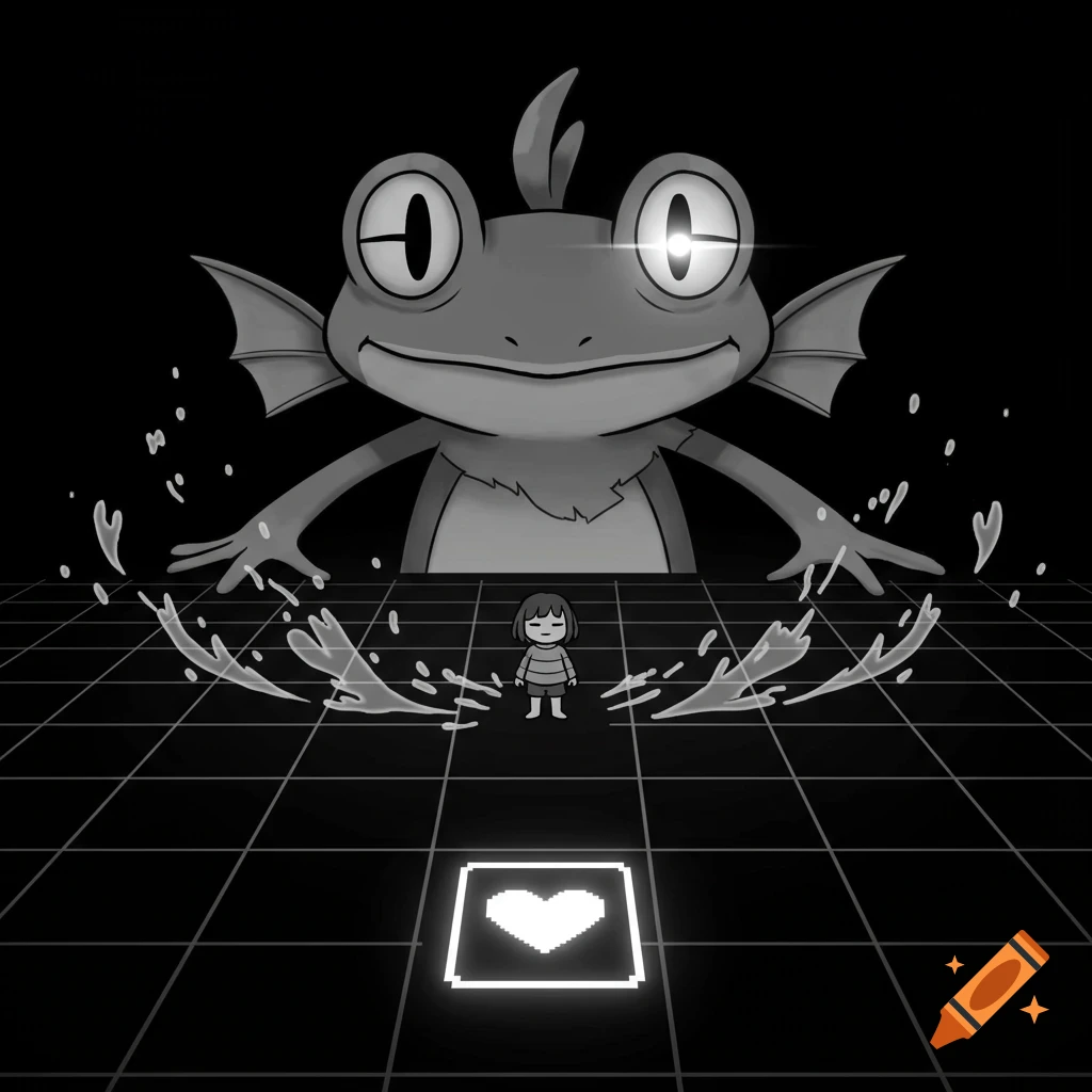 A black and white cartoon battle scene with a giant frog monster looming over a small human on a grid, with a glowing heart symbol.