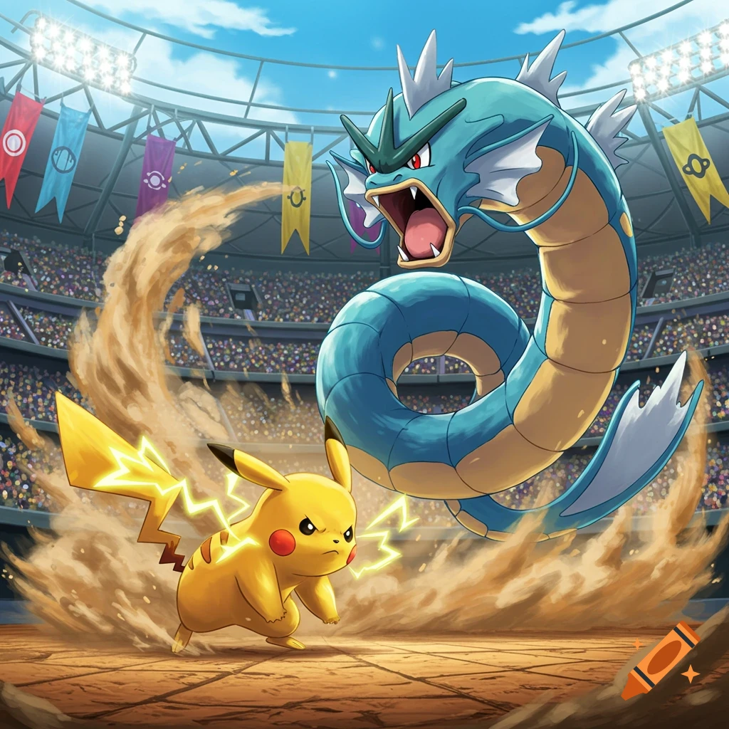Pikachu and Gyarados battle fiercely in a detailed Pokemon stadium, with sand swirling around them.