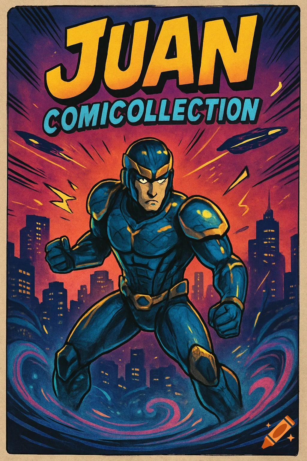Comic book cover art of a blue superhero with a gold helmet and armor, standing over a city as UFOs fly above. Title: JUAN COMICOLLECTION.