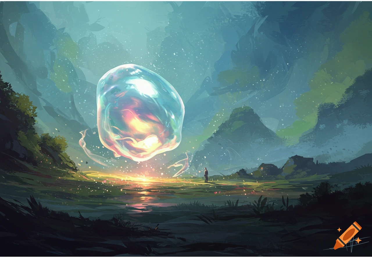 A fantastical digital painting shows a large, iridescent bubble-like object glowing over a reflective body of water in a lush, mountainous landscape, with a small figure observing it.