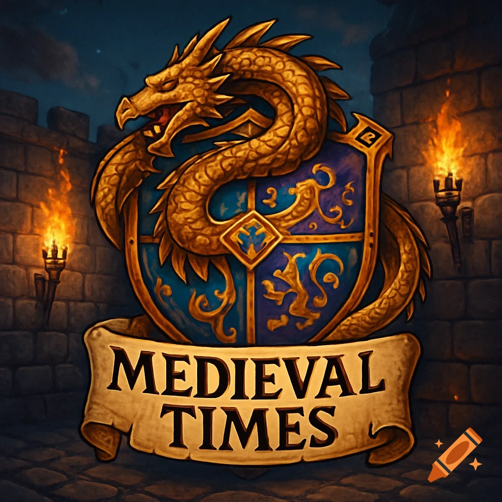 Golden dragon coiled around a blue and gold shield with 'MEDIEVAL TIMES' banner, against a castle wall with torches.