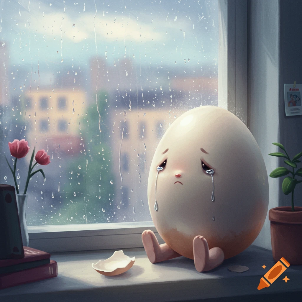 A sad cartoon egg sits on a rainy windowsill, crying with a broken eggshell next to it.