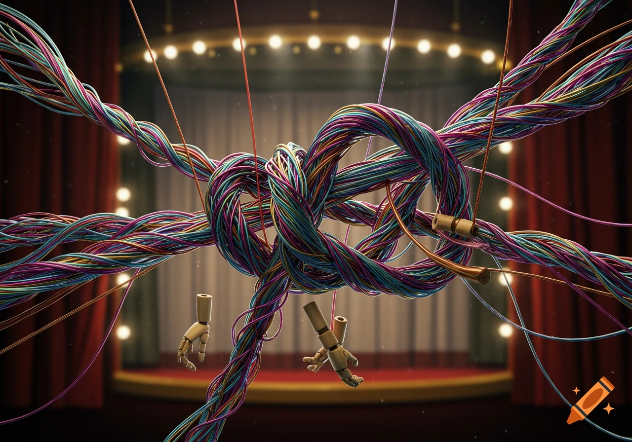 A complex knot of colorful, tangled wires with wooden puppet hands hanging from it, against a blurred stage with red curtains and lights.
