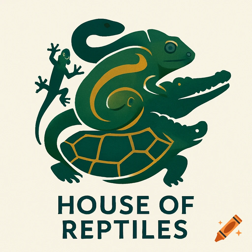Stylized dark green and gold logo showing a stack of reptiles: turtle, alligator, chameleon, snake, gecko, with 'HOUSE OF REPTILES' below.