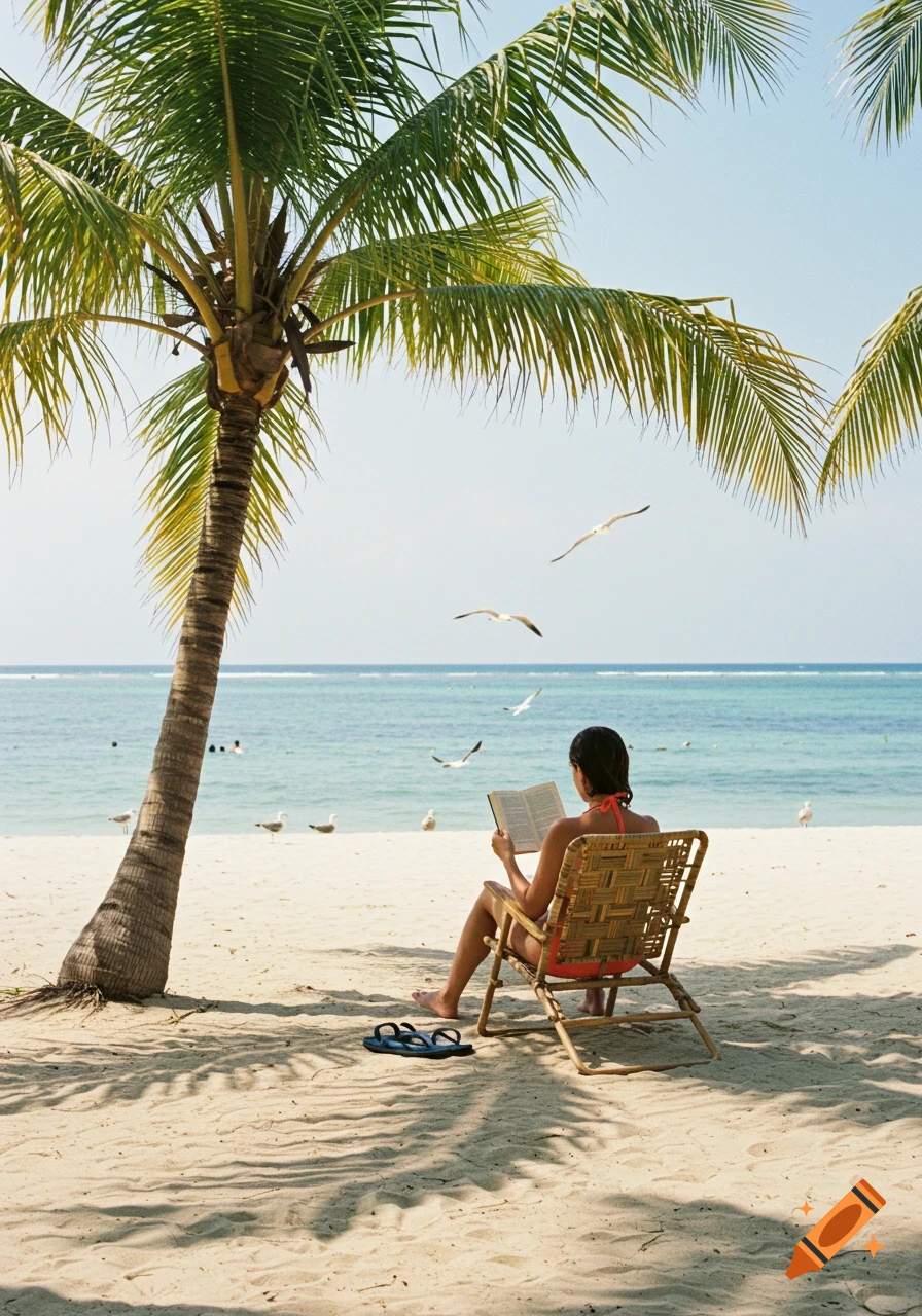 A woman in a bikini sits on a beach chair under a palm tree, reading a book by the calm ocean, with seagulls flying.