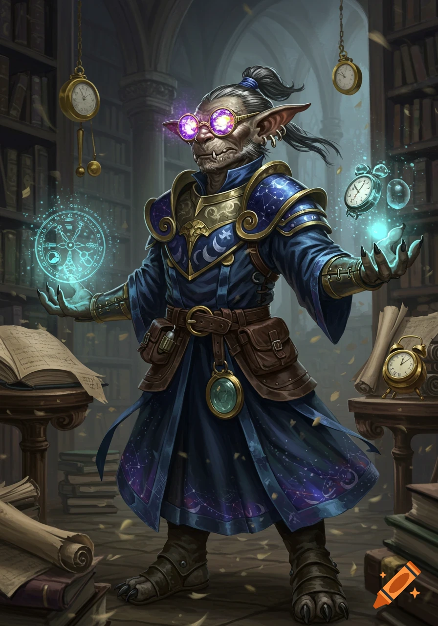 A hobgoblin wizard in glowing glasses and a starry robe casts magic in a mystical library with floating clocks. Digital fantasy art.