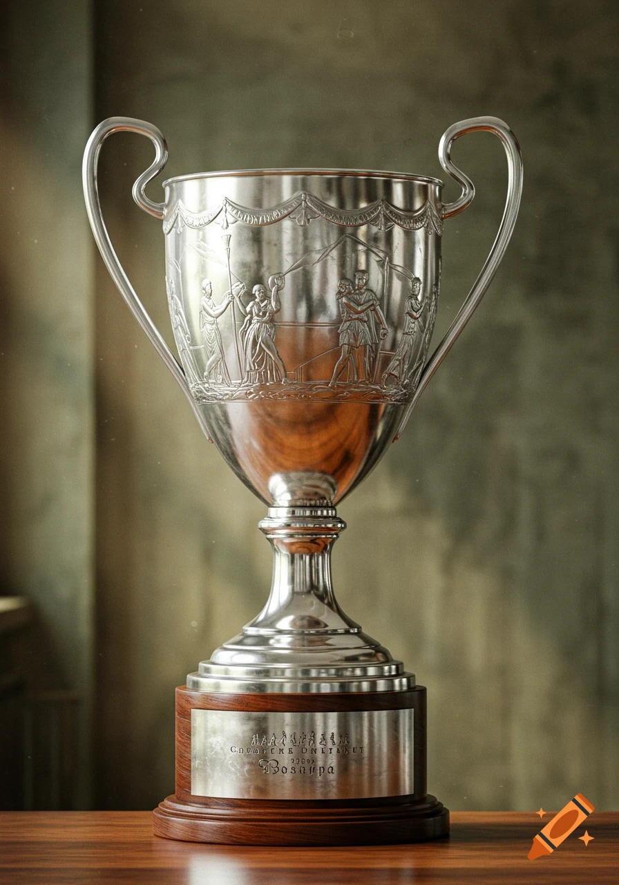 A tall, ornate silver trophy with two handles and detailed engraved figures, standing on a polished wooden base.