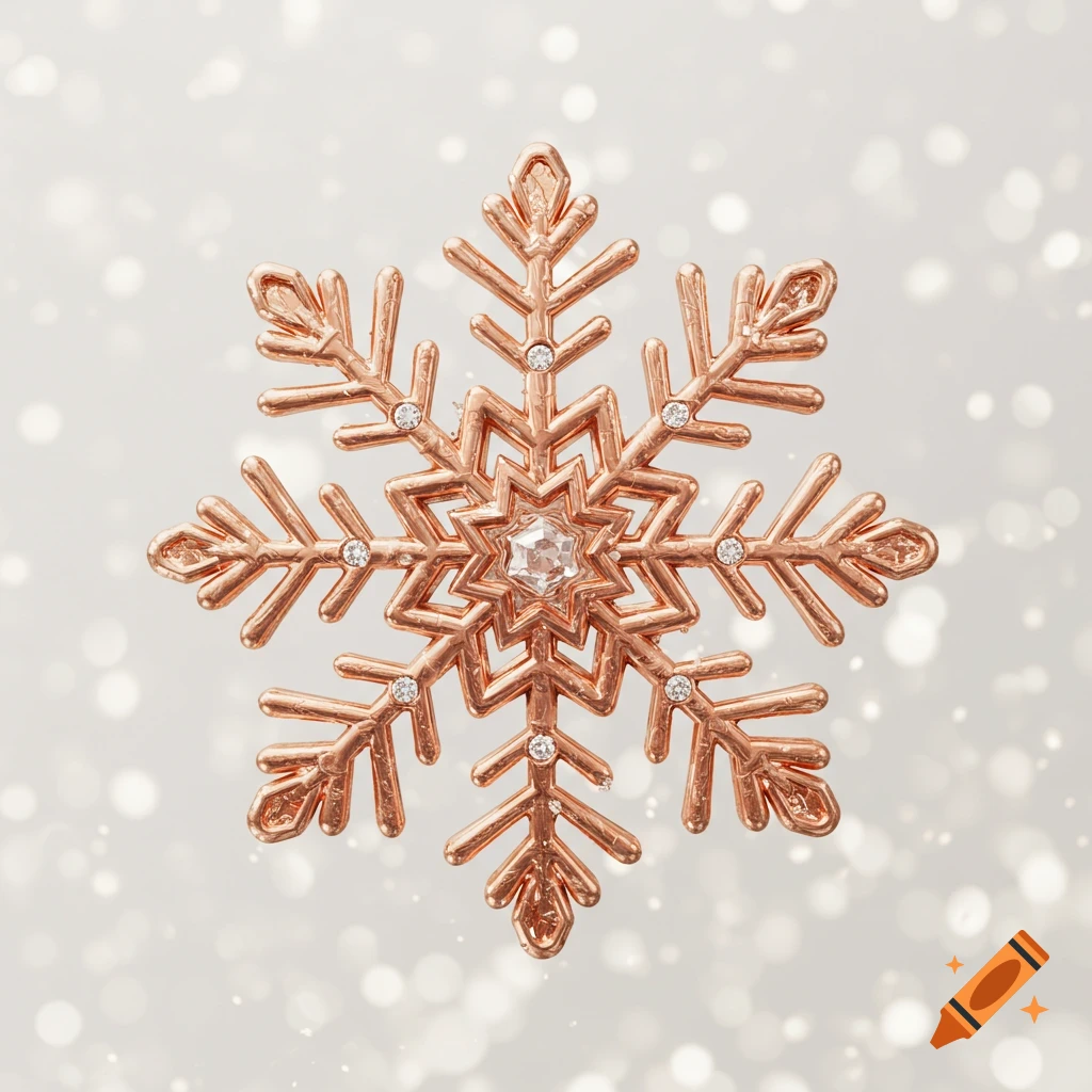 A shimmering rose gold snowflake adorned with small white crystals against a bokeh white background.