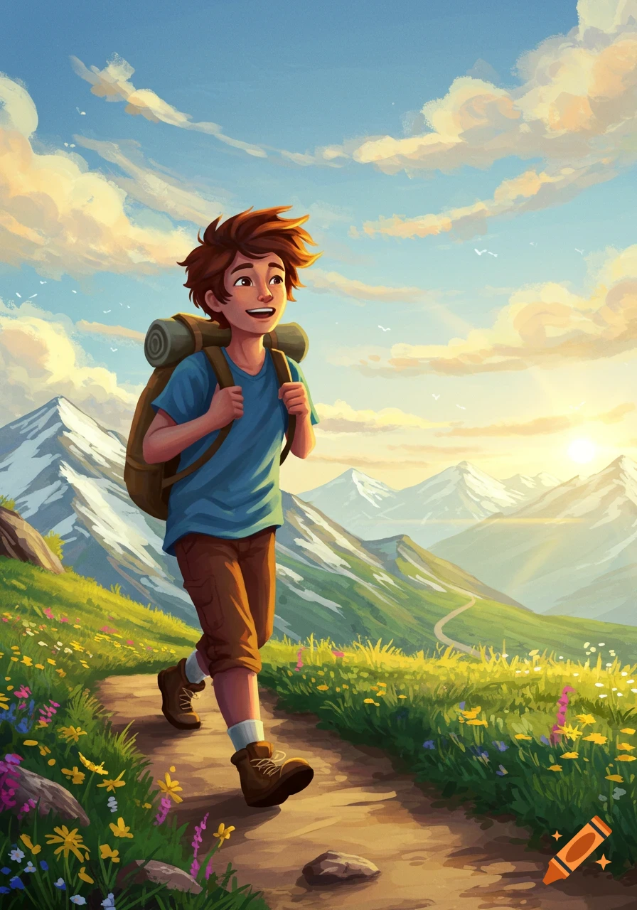 Illustrated boy with a backpack hiking on a mountain trail at sunset, surrounded by green hills and snow-capped peaks.