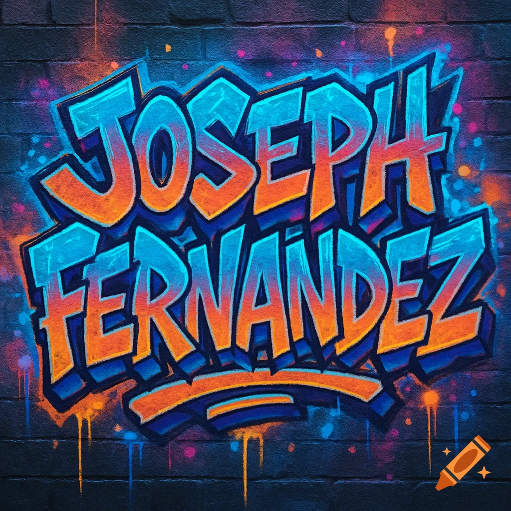Graffiti art of the name Joseph Fernandez in blue and orange on a brick wall, with paint drips and neon splatters.