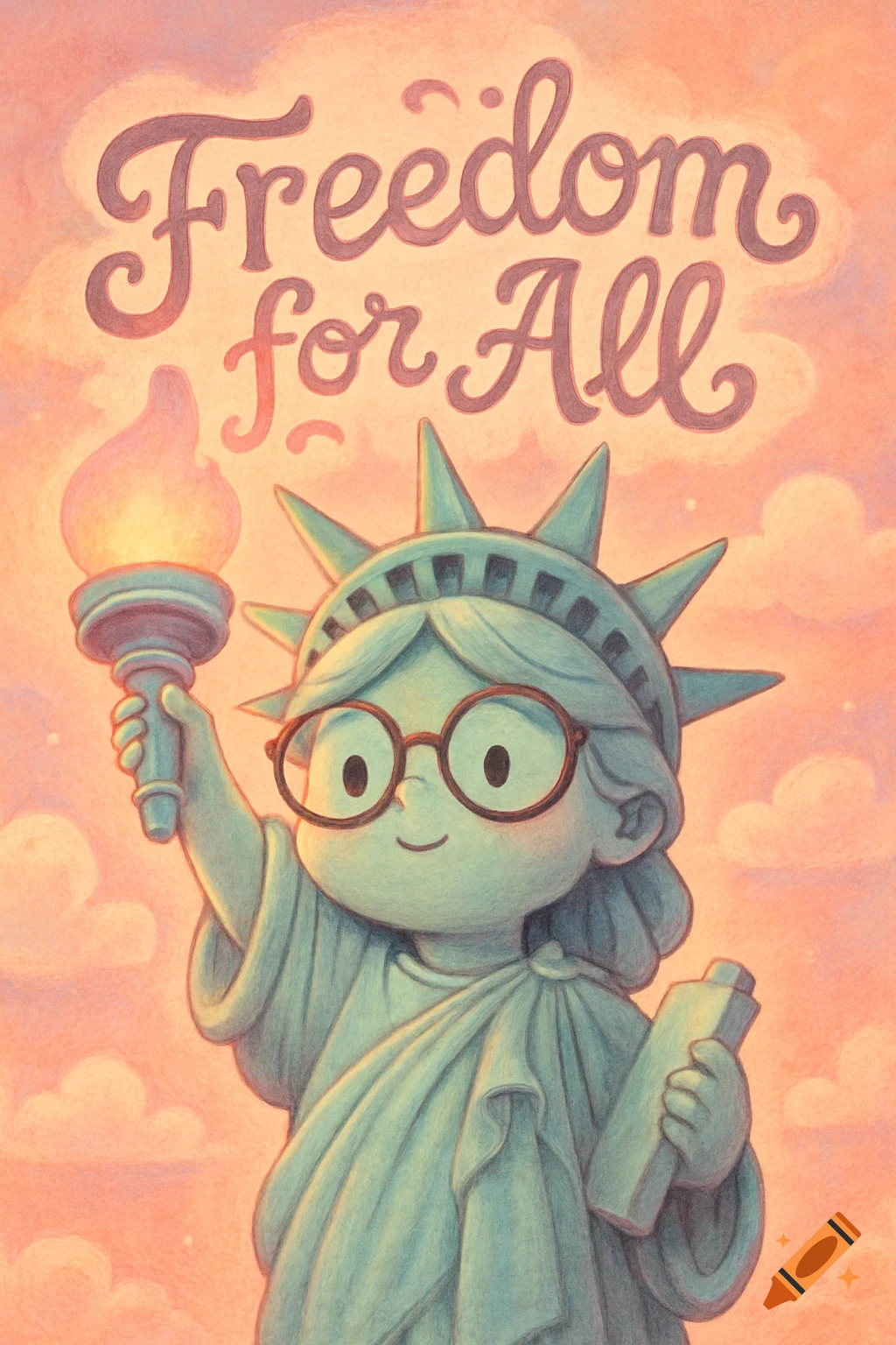 A cute, bespectacled Statue of Liberty holding a torch and tablet against a pink, cloudy sky, with 'Freedom for All' written above.
