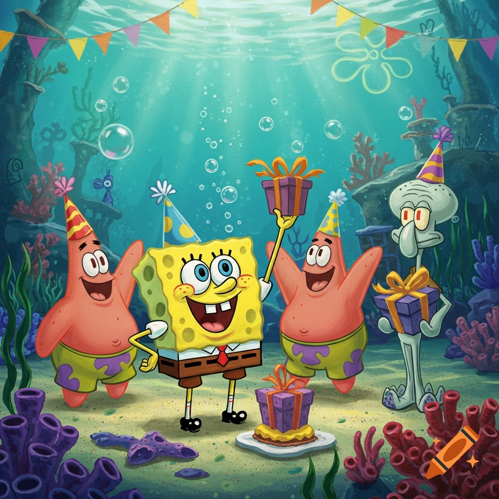 Spongebob Squarepants, Patrick, and Squidward celebrate a birthday underwater, holding presents and wearing party hats in an animated style.