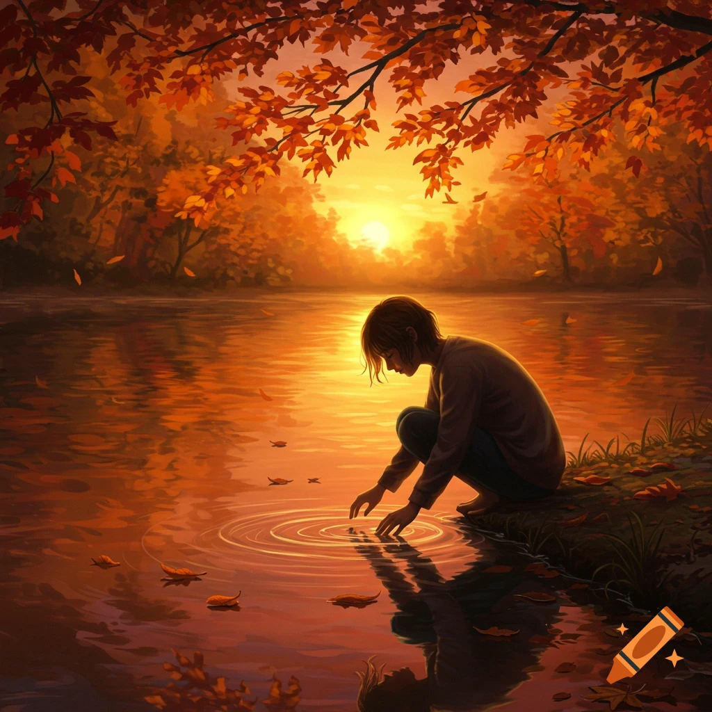 Person crouching at the edge of a lake, gently touching the water, surrounded by vibrant autumn trees and a sunset glow.