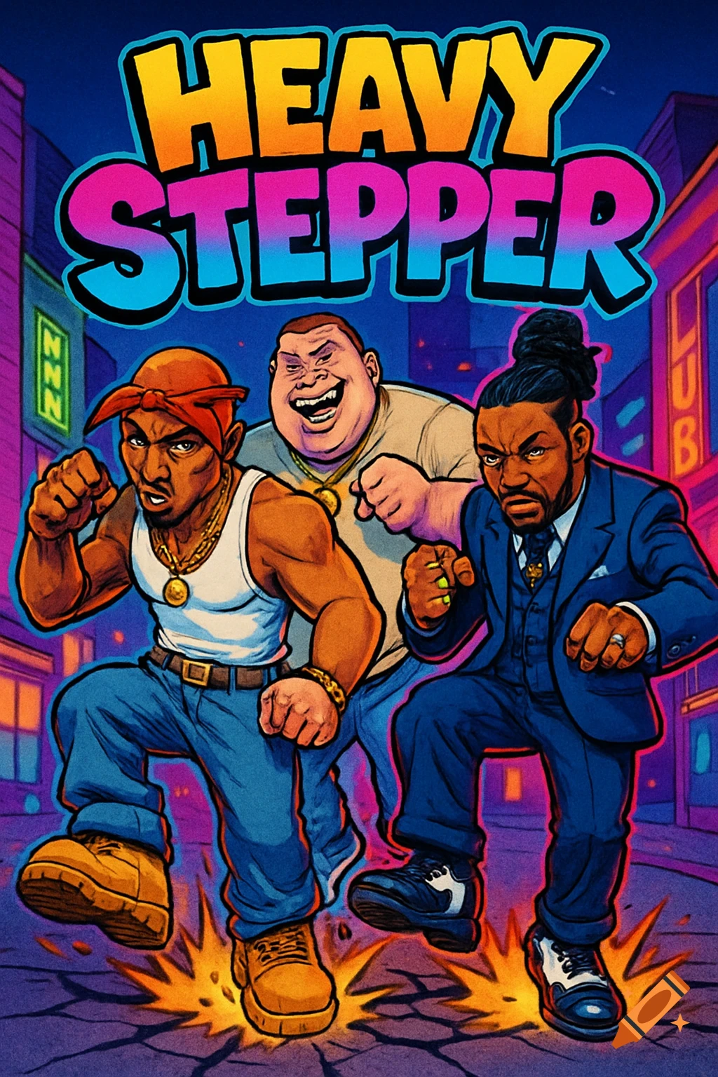 Cartoon cover art with three hip-hop characters in dynamic stomping poses, like arcade fighters, against a neon city. Title: HEAVY STEPPER.