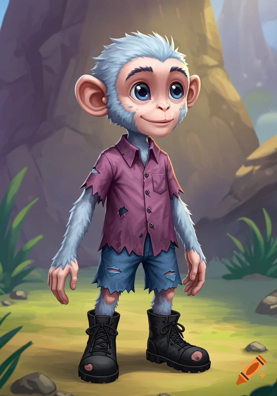 Colorful fantasy illustration of a cute pale blue fur monkey child in tattered clothes and boots, standing in a rocky, grassy environment.