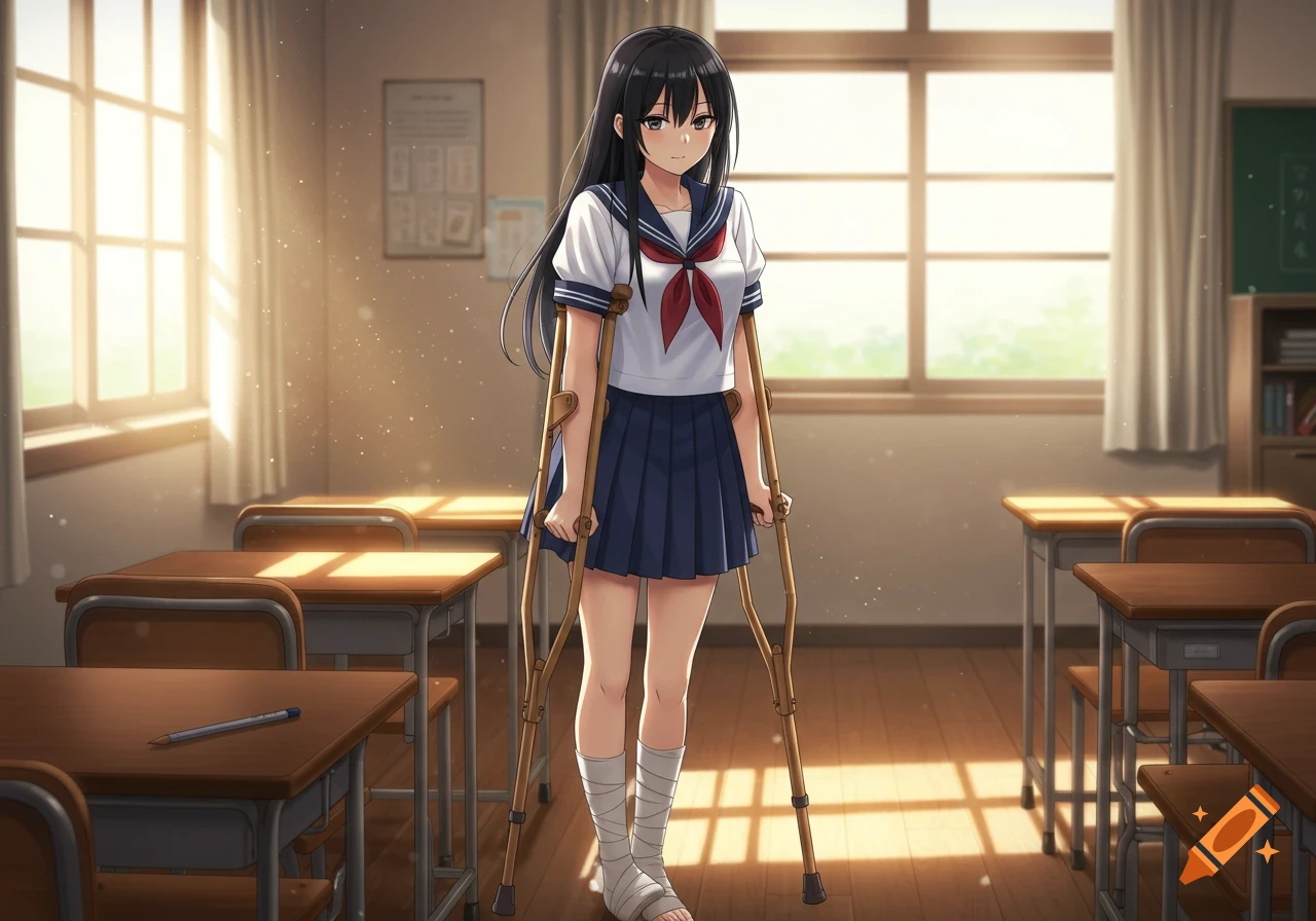 A young anime schoolgirl with black hair, a bandaged ankle, and crutches stands in a sunlit classroom.