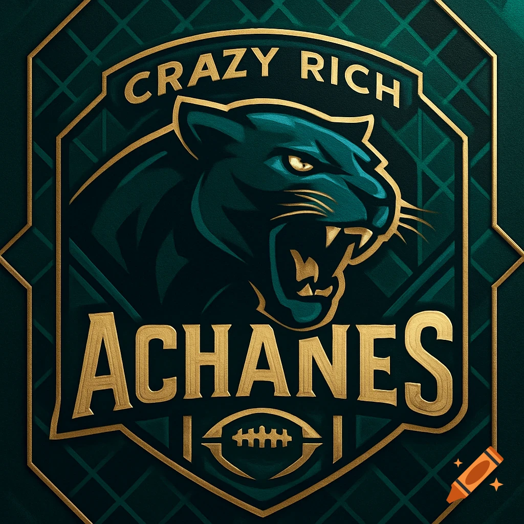A dark teal and gold sports logo featuring a roaring panther head, with 'CRAZY RICH' above and 'ACHANES' below, and a football icon at the bottom.