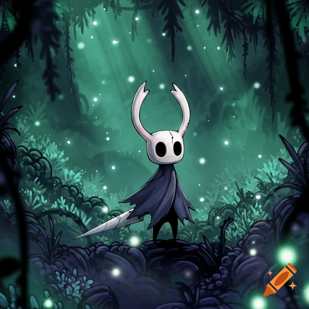 The Hollow Knight character stands in a dark, glowing overgrown forest, wielding a nail weapon. Stylized illustration.