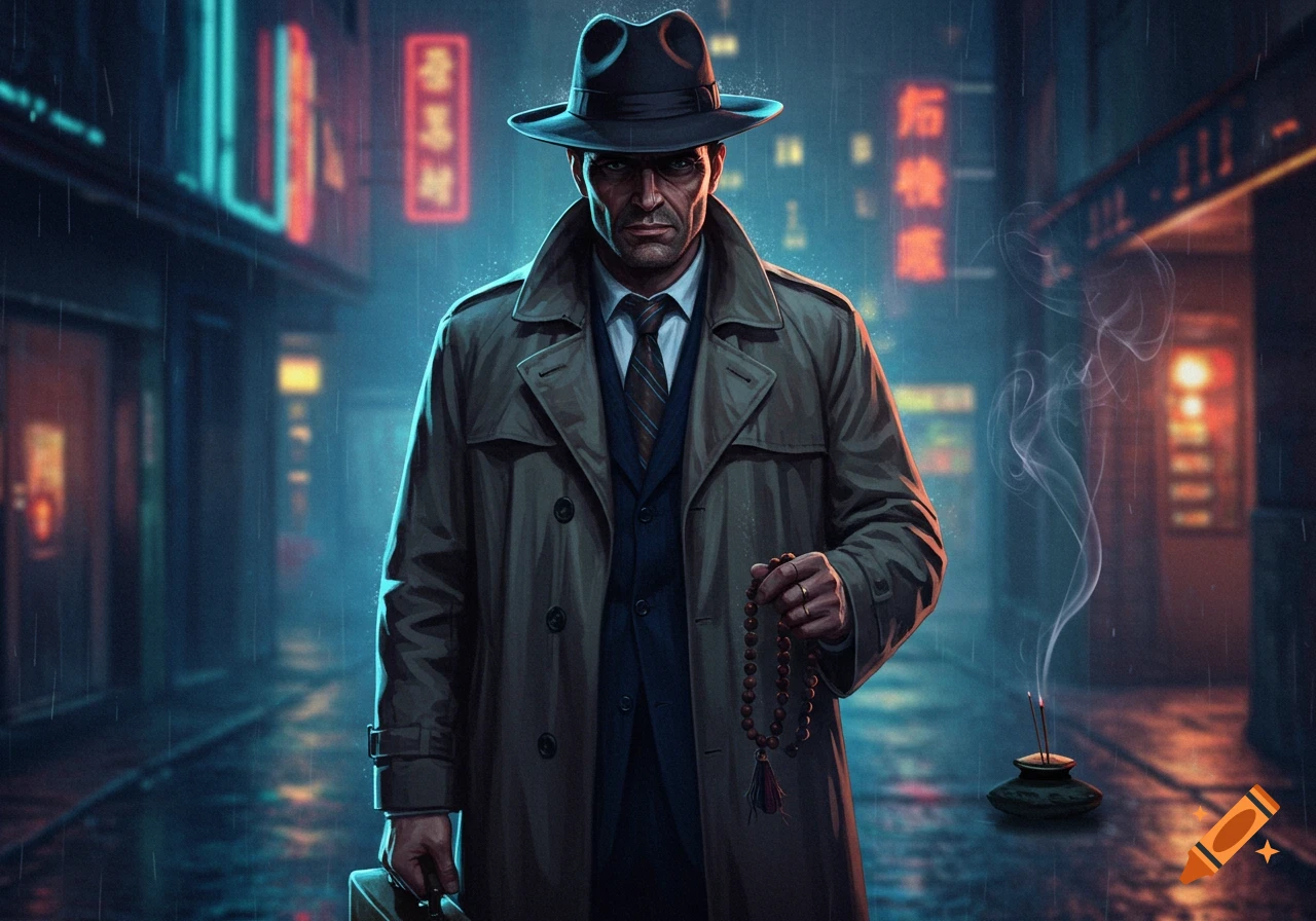 A tough noir detective in a trench coat and fedora stands in a rainy, neon-lit city street, holding prayer beads and a briefcase.