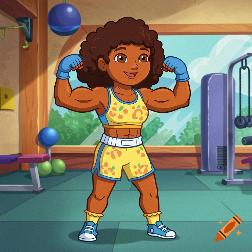 A cartoon female boxer with dark curly hair flexes her muscles in a gym, wearing a yellow top and shorts.