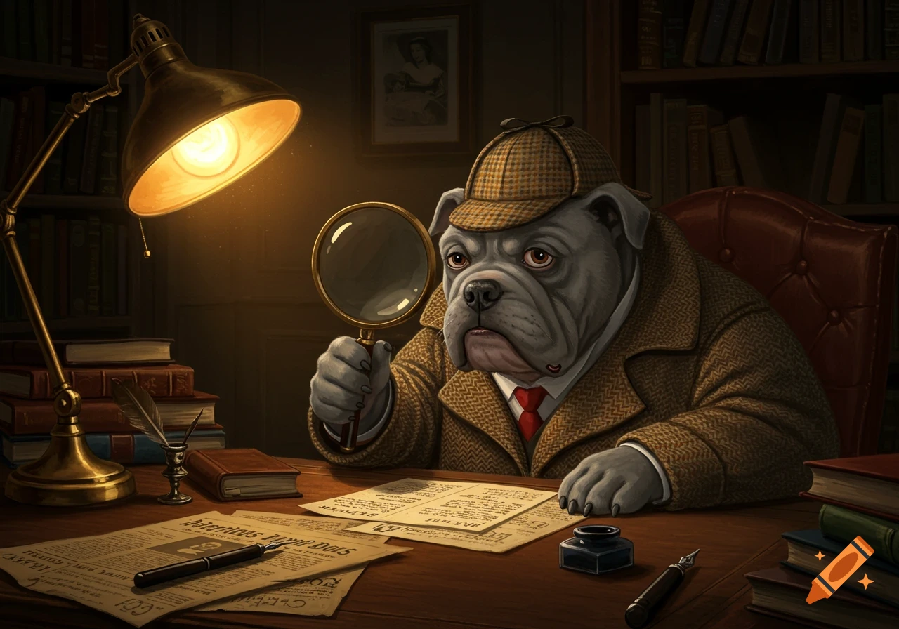 A gray bulldog wearing a detective hat and coat, holding a magnifying glass over papers on a desk under a bright lamp in a library.